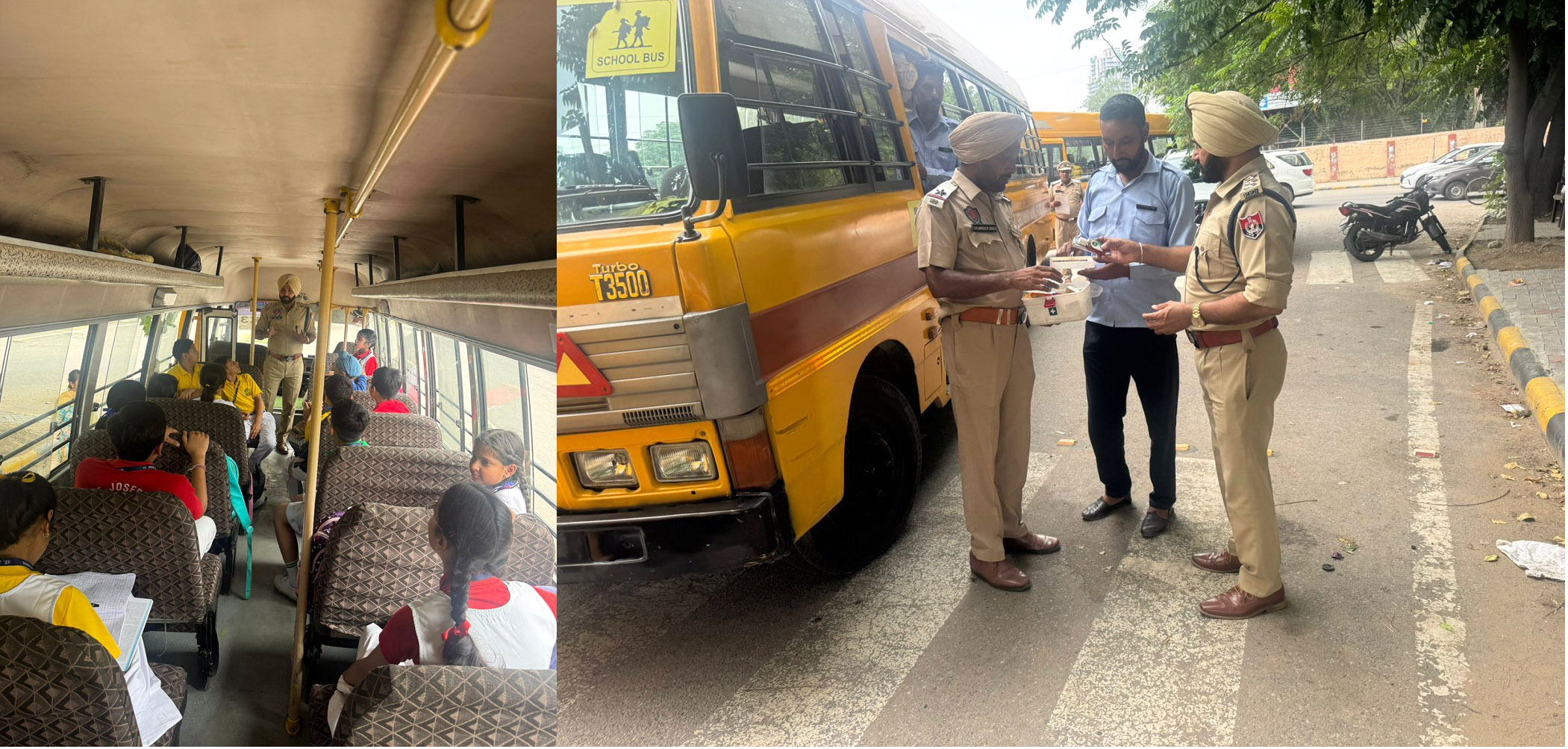 School buses are being checked at various places by the Traffic Police.